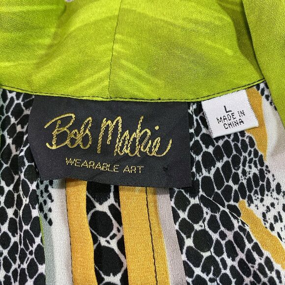 Vtg BOB MACKIE Wearable Art Open Front Blouse Sleeveless Bold 80s Womens L Green - Picture 3 of 8